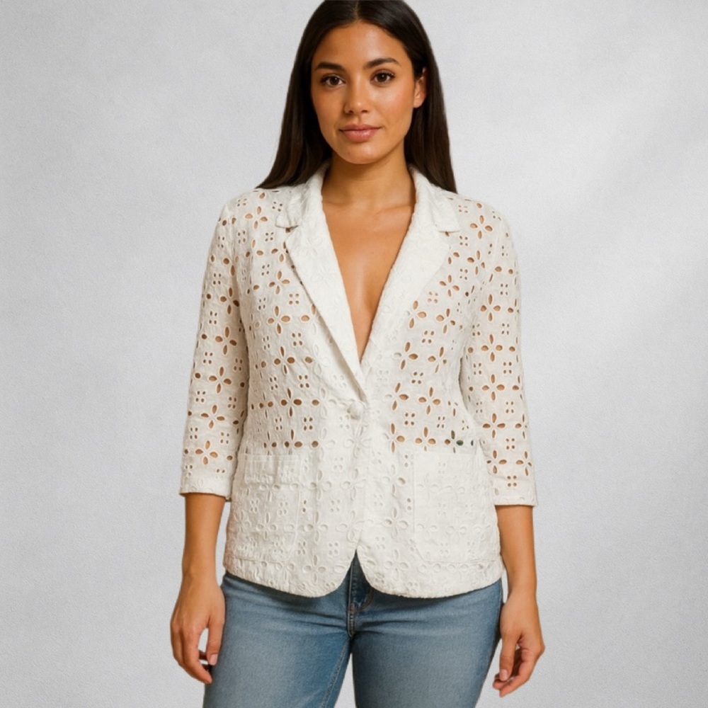R&K White Eyelet Embroidered Cotton Blazer Top Jacket Women’s S/M Floral wb